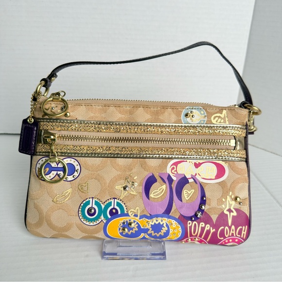 Coach Handbags - Coach Poppy Graffiti Signature Wristlet Pouch Khaki Purple Gold Studded